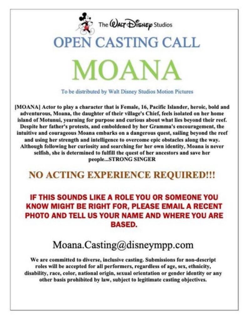 Disney open call for casting of Moana