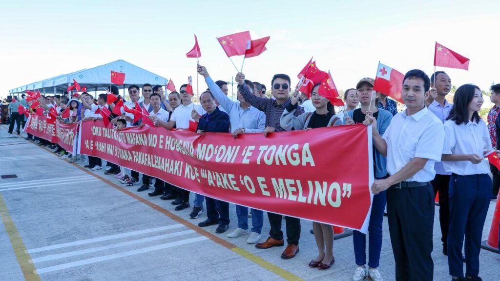 Members of the Chinese community in Tonga welcome the arrival of the Ark Peace