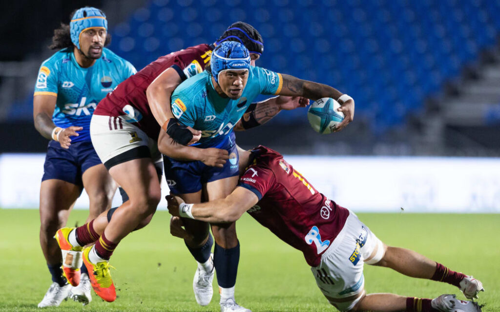 Moana Pasifika midfield back Danny Toala in the Moana Pasiﬁka versus Highlanders Super Rugby Paciﬁc game during the 2023 Super Rugby season.