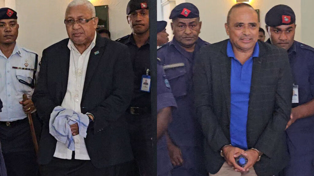 Former Prime Minister Voreqe Bainimarama and suspended Police Commissioner Sitiveni Qiliho exit court in handcuffs.