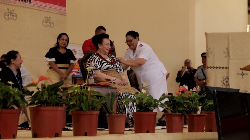 HRH Princess Salote Mafile'o Pilolevu Tuita receiving her first dose of the AstraZeneca COVID 19 vaccine during the national vaccination launch in Tonga. Photo Ministry of Health