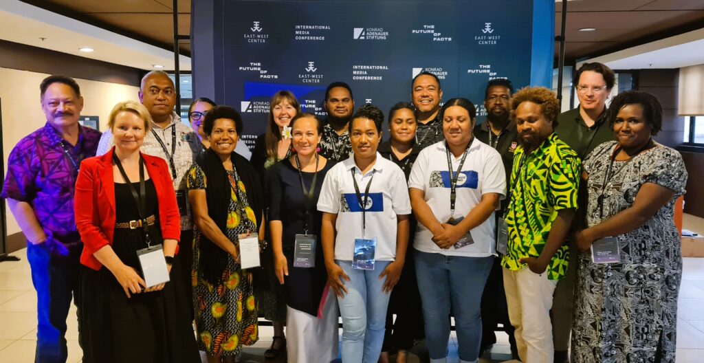 Kalafi Moala far left with journalists from Pacific Island newrooms at the International Media Conference in Manila