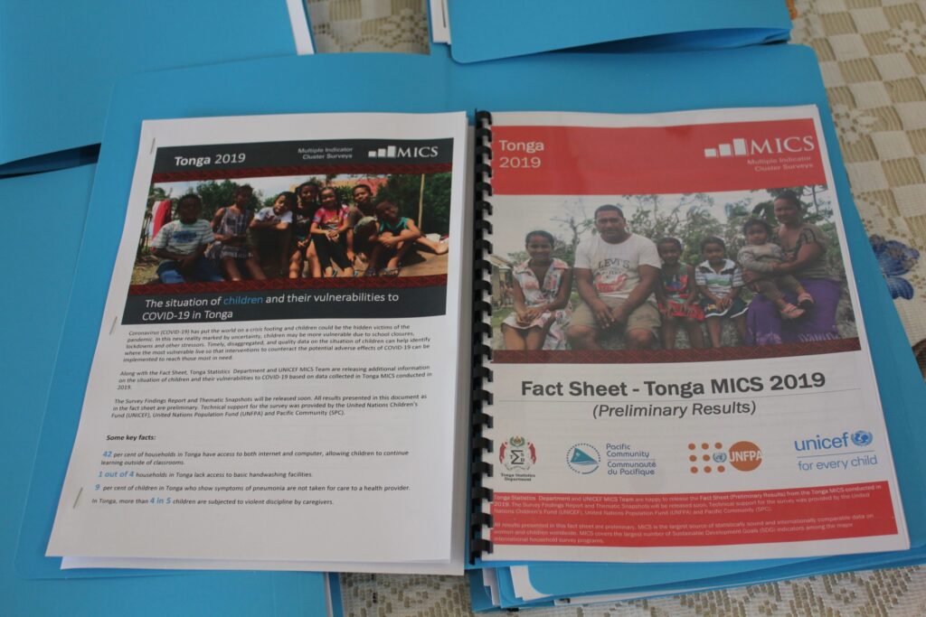 Tonga's MICS 2019 Report. This is the first ever MICS survey conducted in Tonga and the 2nd country in the Pacific Region to held MICS6, Kiribati being the first in 2018. Photo - Tonga Statistics Department