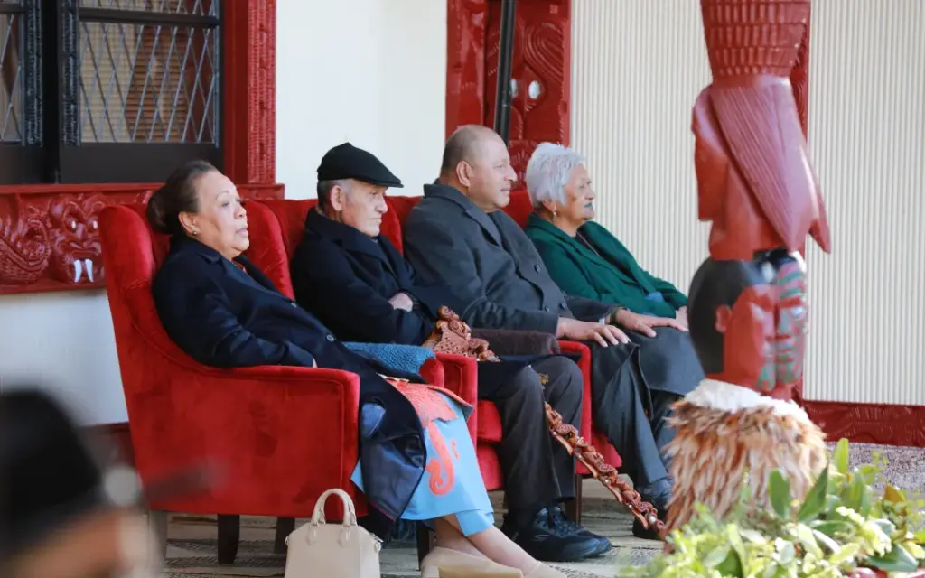 King Tupou VI of Tonga sits alongside Kīngi Tūheitia at Turangawaewae Marae. Photo: RNZ/Calvin Samuel