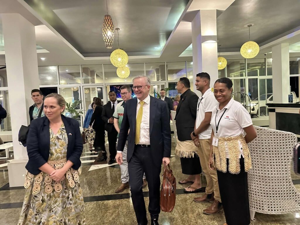 Australian PM Anthony Albanese checks in at the Tanoa International Dateline Hotel in Tonga for the Pacific Forum