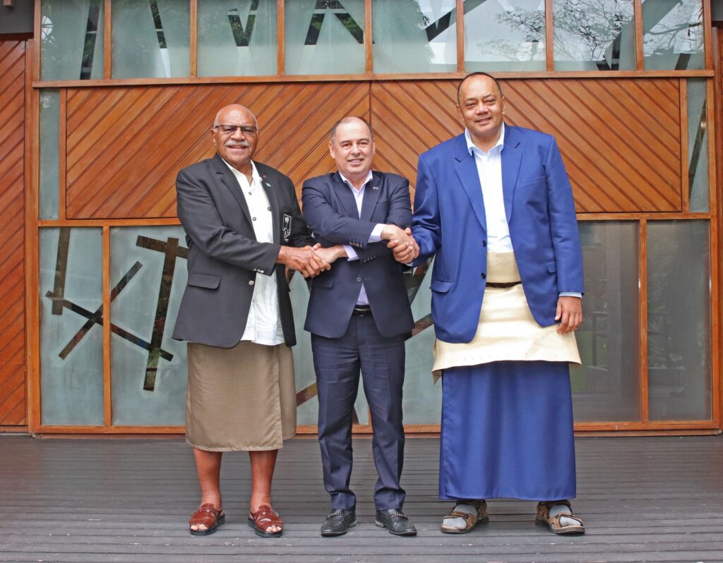 Fiji PM Rabuka, Cook Islands PM Mark Brown and Tonga PM Sovaleni at Troika meeting in August 2023. Photo Fiji