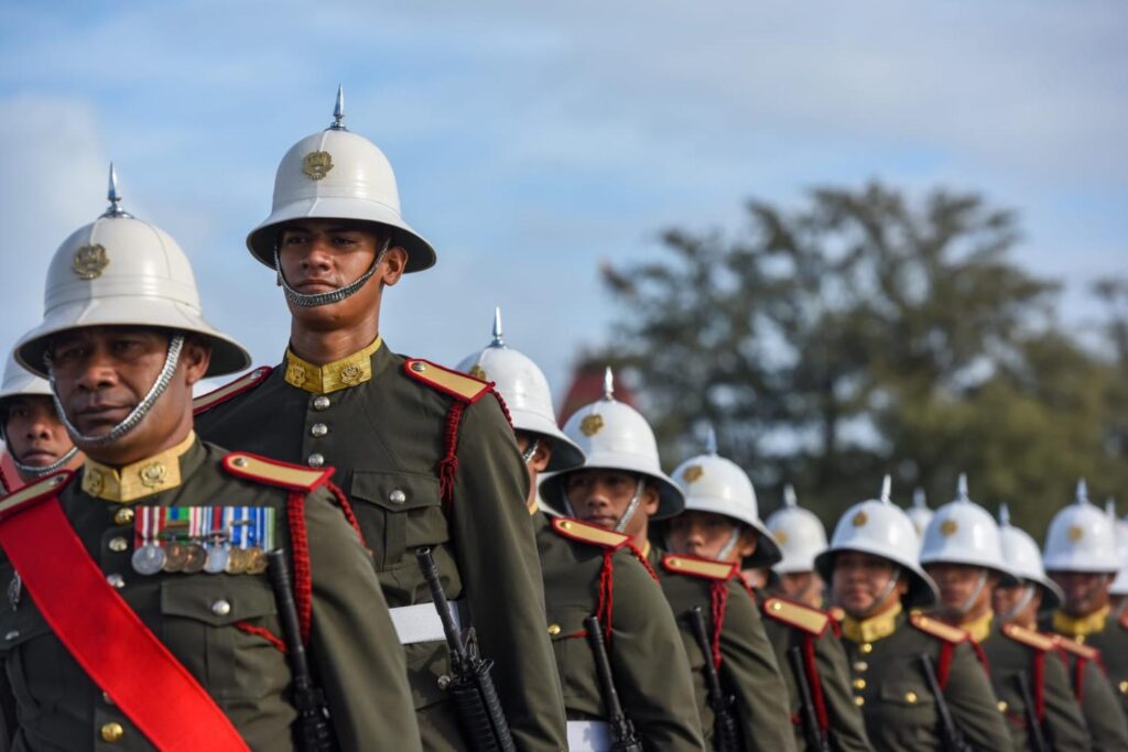 Soldiers on parade in Nuku’alofa to mark the official birthday of Tongan King Tupou VI, 4 July 2023 (Guo Lei/Xinhua via Getty Images)