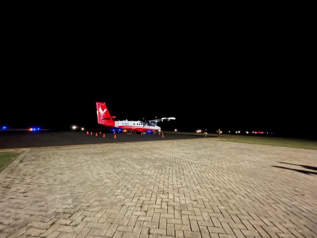 Lulutai Airline craft guided by new runway lights at Salote Pilolevu Airport as it prepares to take off. Photo: PMO Office Tonga