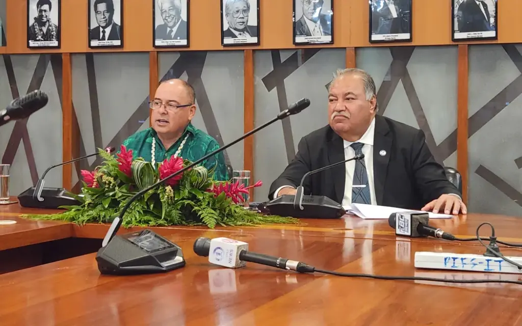 Pacific Islands Forum (PIF) Chair and Cook Islands Prime Minister Mark Brown (left) and PIF Secretary General Baron Waqa at the PIF Foreign Ministers Meeting in Suva. Photo Caleb Fotheringham