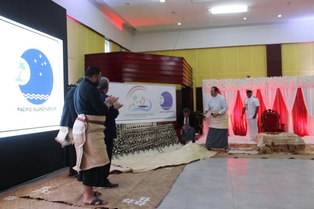 Tonga's Crown Prince, HRH Tupouto’a ‘UIukalala launching the 53rd Pacific Islands Forum Leaders Meeting official theme, logo, and dates. Photo - PMO