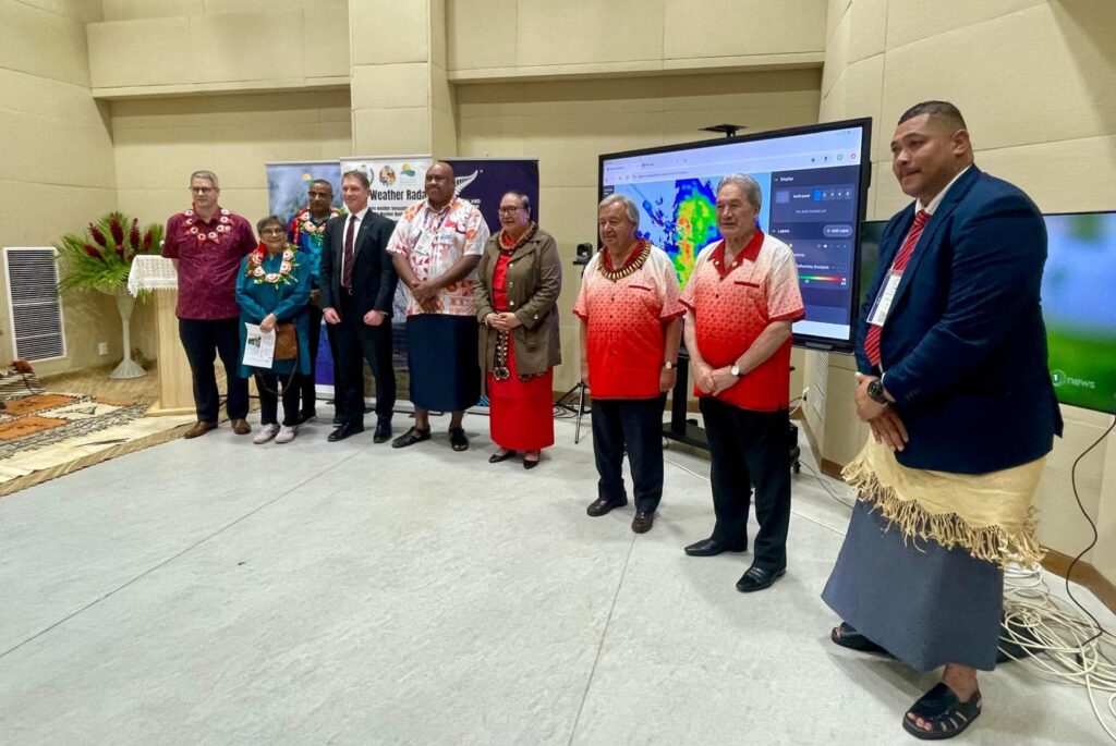 UN SG Gueterres and Winston Peters at the launch of the new weather radio at Fuaamotu Airport. Photo NZHC