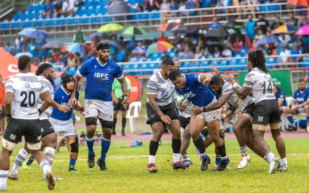 The Flying Fijians putting in some defense work against Manu Samoa at Apia Park on Saturday. 29 July 2023. Photo: Piui Simi / Samoa Observer