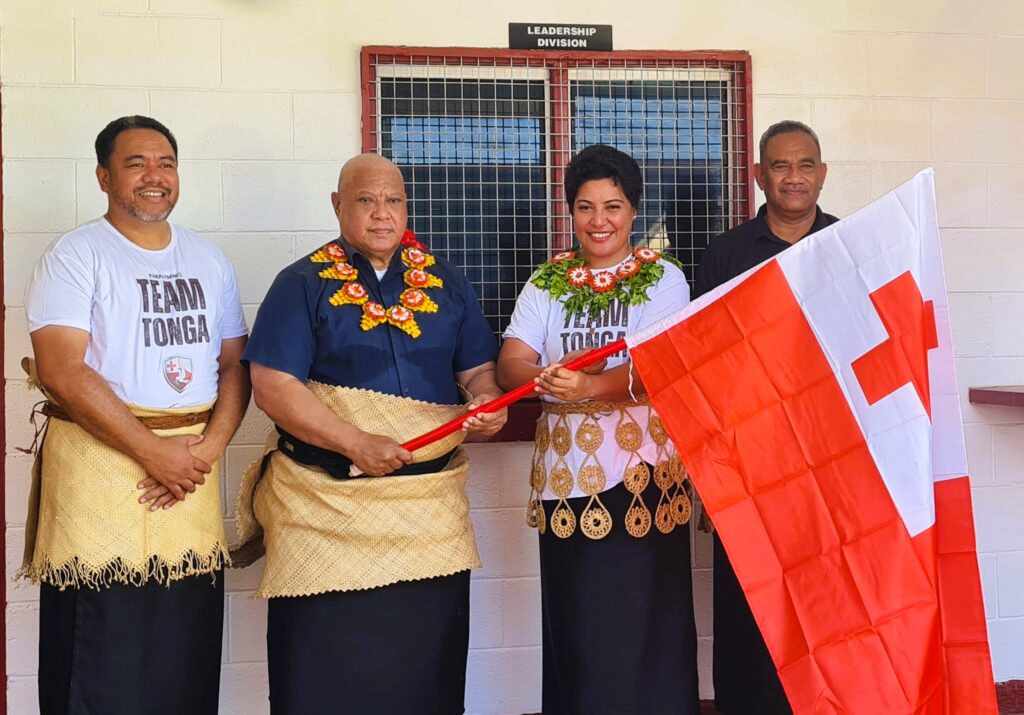 From left to right. Siosifa Pomana, Tonga Paralympic Committee, Lord Vaea, Minister for the Ministry of Foreign Affairs, Meleane Falemaka, flag bearer & para athlete, 'Onetoto 'Anisi, Deputy CEO for the MIA Sports Division. Photo: Talanoa o Tonga