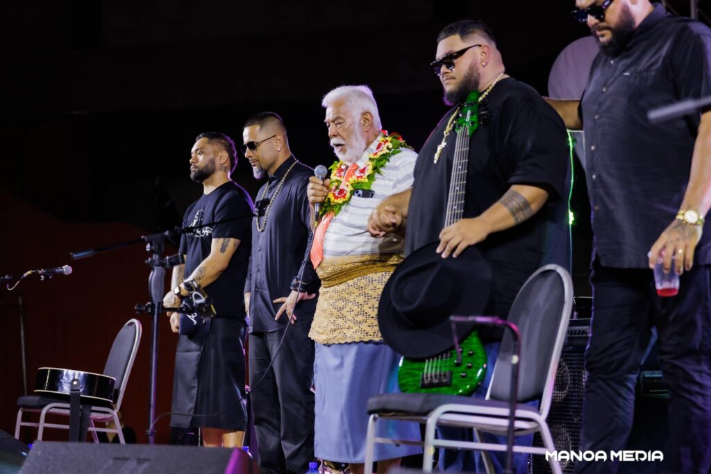 President of the Free Church of Tonga Rev. Semisi Fonua together with Josh and his band sang a hymn to wrap the free concert in Tonga. Photo: Manoa Media