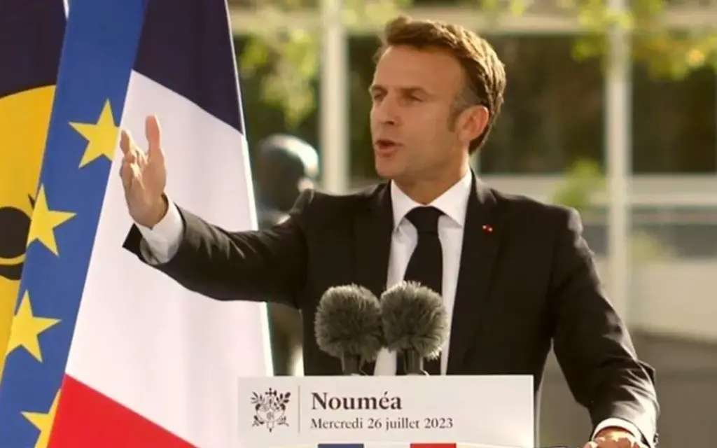 French President Emmanuel Macron delivers a speech in Nouméa on 26 July 2023 Photo: Supplied