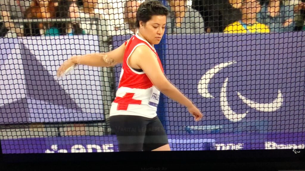 Meleane Falemaka about to deliver her first throw during the para athletics women's F38 discus throw event. Photo: Tonga National Paralympic Committee