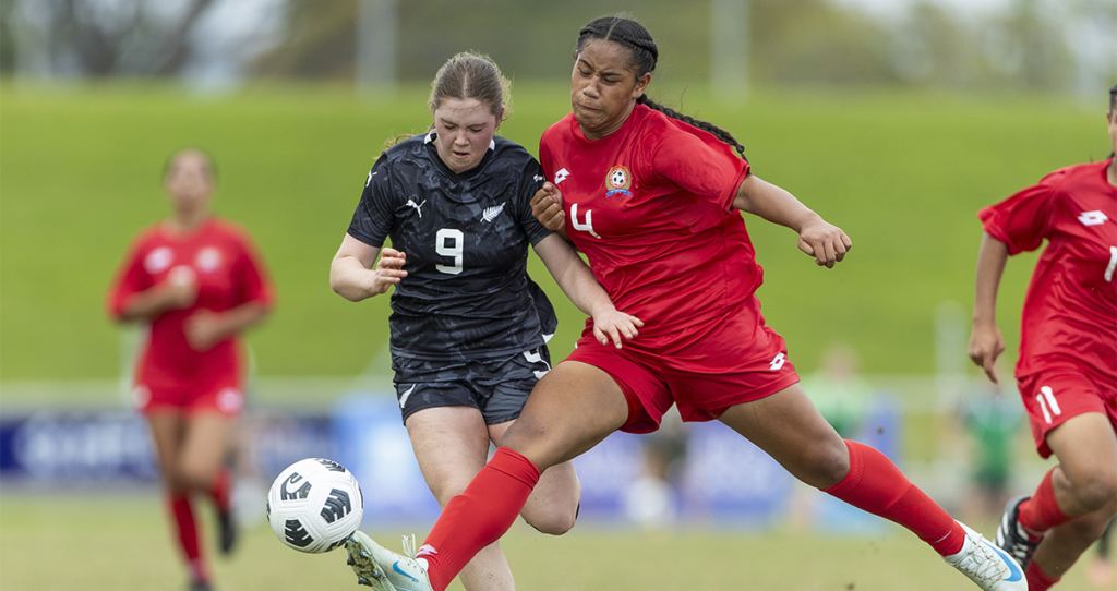 New Zealand’s Kate Pugh on the attack against Tonga. Photo: OFC Media / Phototek