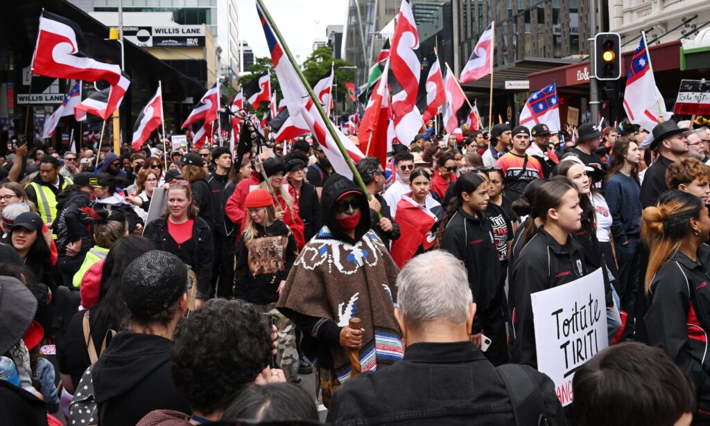 Many people in new zealand holding flags in protest